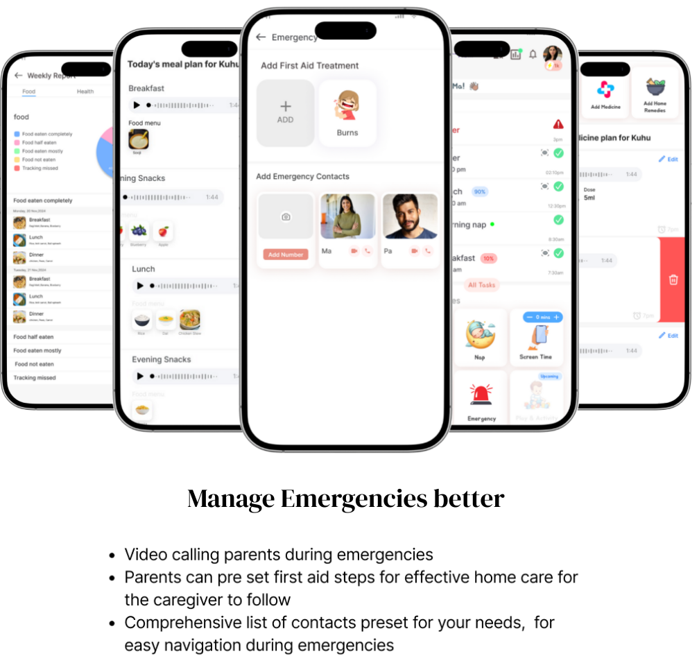 Emergency management system with first aid guides and video calling for immediate childcare support