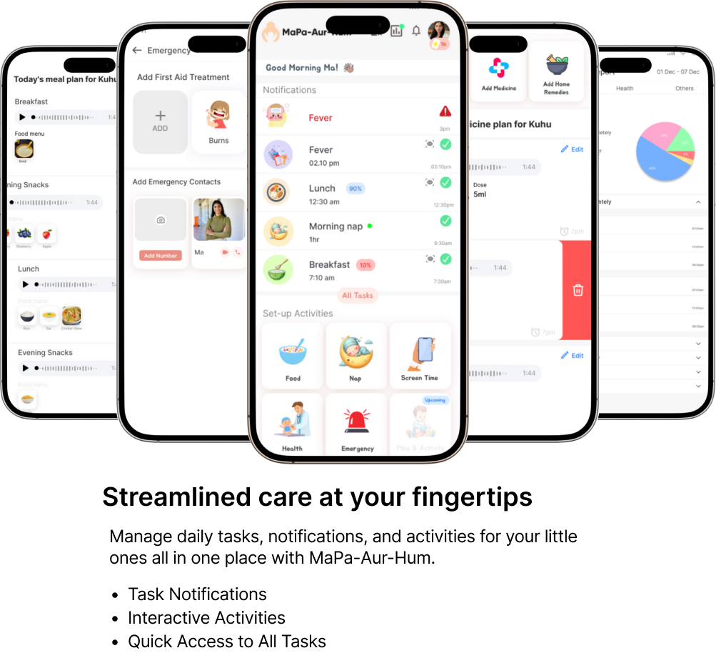 Streamlined childcare interface showing task notifications and activity tracking for babysitters